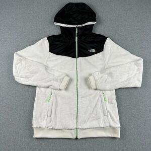 The North Face Fleece Zip Up Hooded Jacket White Black Green Women L Sweater